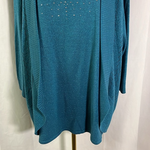 NWT Karen Scott Teal Rhinestone Embellished Glittery Twofer Cardigan - Picture 7 of 16
